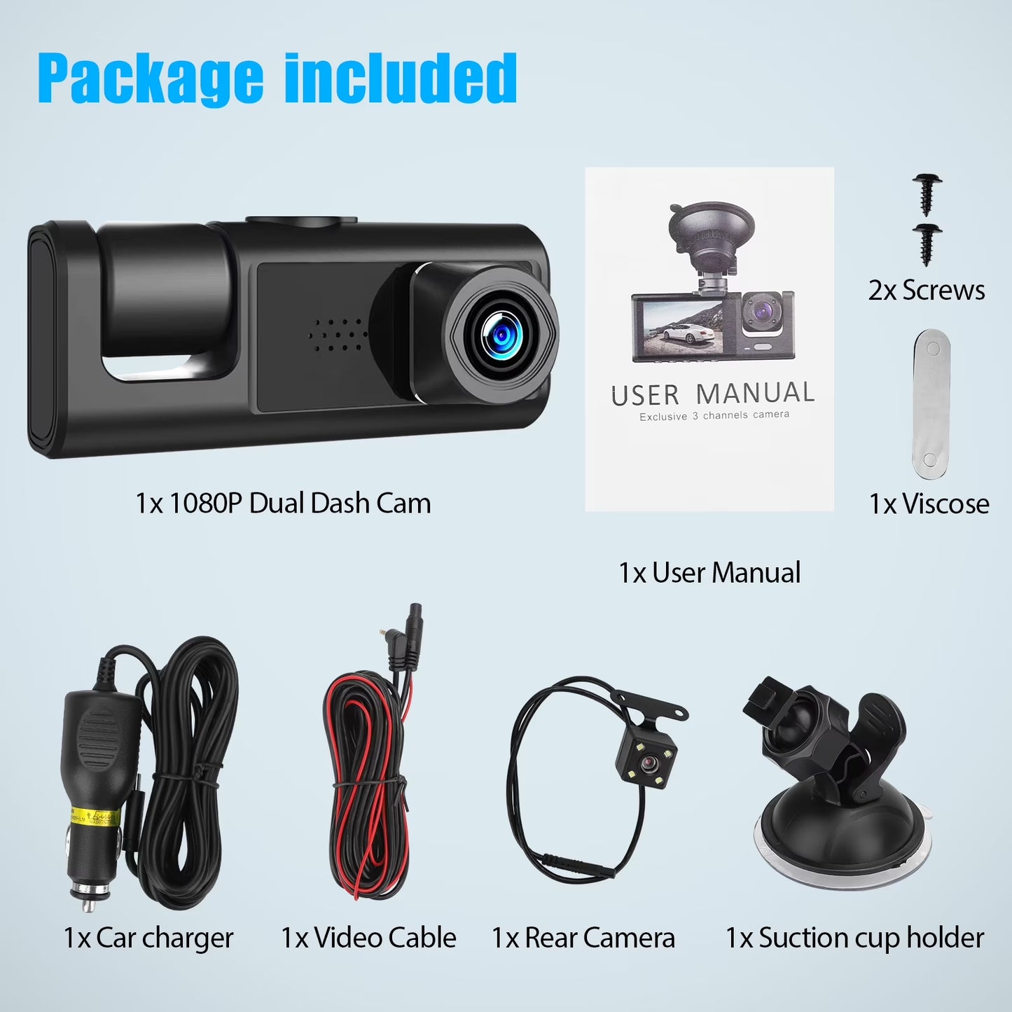 Dash Cam Front and Rear, 3 Channel Dual Dash Camera, 1080P Car Camera DVR Backup Cam, 3 Way Triple Dashboard Driving Recorder, inside IR Night Vision, G-Sensor, Parking Mode