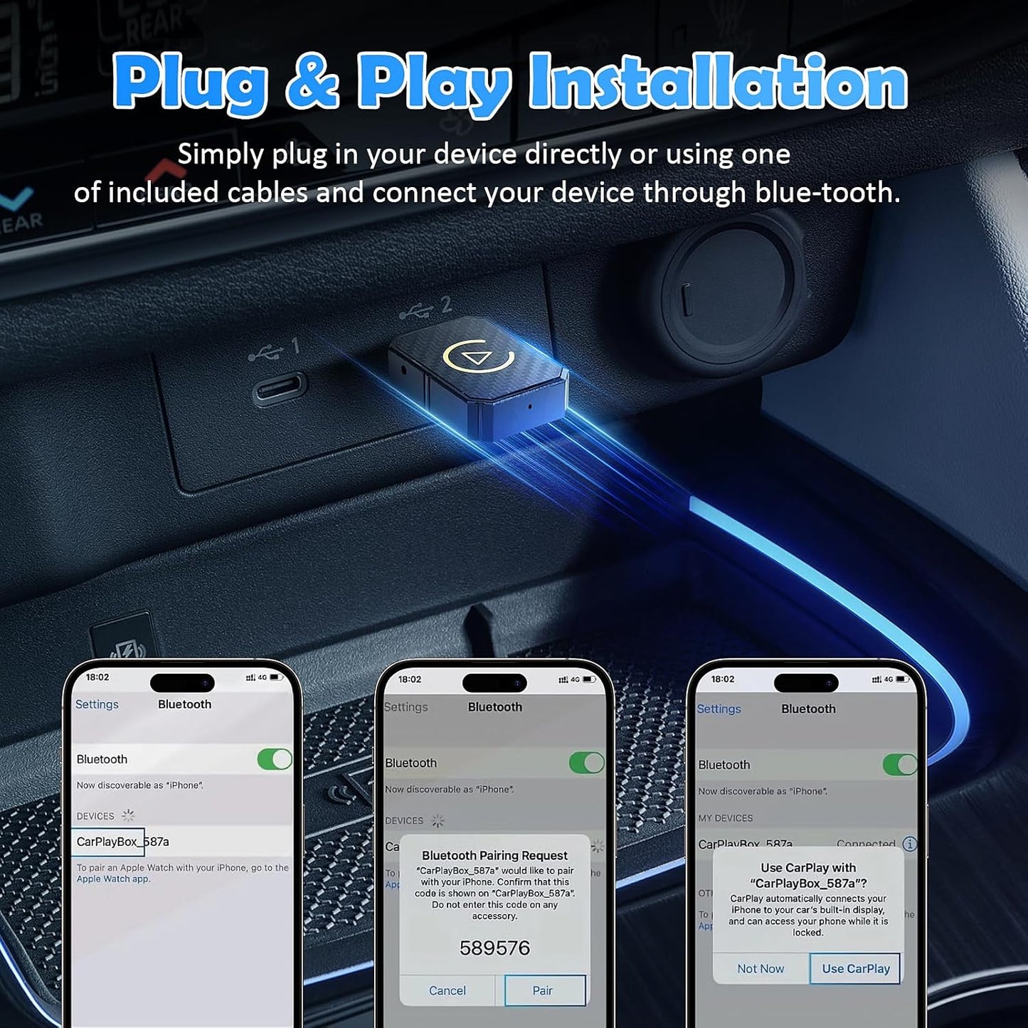 Adaptador Inalámbrico Automático Para Android 2 En 1 & Ca-R-P-Lay, Pug & Play Estable Rápido Con Cable a Dongle Inalámbrico Apto Para Automóviles, Actualización En Línea, Negro