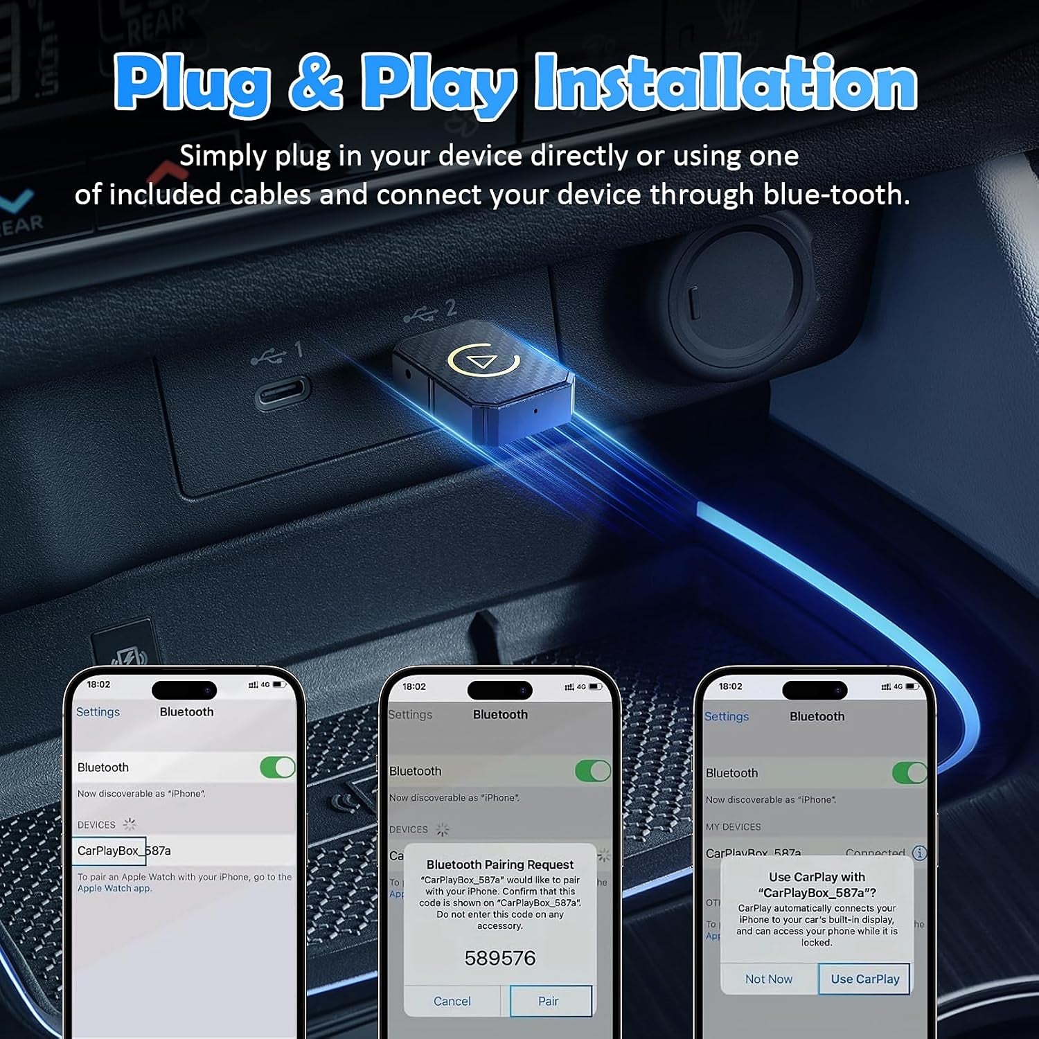 Adaptador Inalámbrico Automático Para Android 2 En 1 & Ca-R-P-Lay, Pug & Play Estable Rápido Con Cable a Dongle Inalámbrico Apto Para Automóviles, Actualización En Línea, Negro