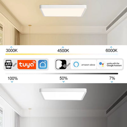 Tuya Smart LED Ceiling Lamp with Wood Grain Finish - App and Voice Control Compatible with Alexa/Google - Square Design for Living Room