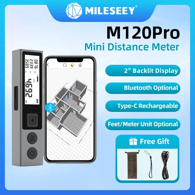 M120 Pro Portable Laser Distance Meter with USB Type C Charging, Backlit Display, and Mini Rangefinder for Home Measurement Tools