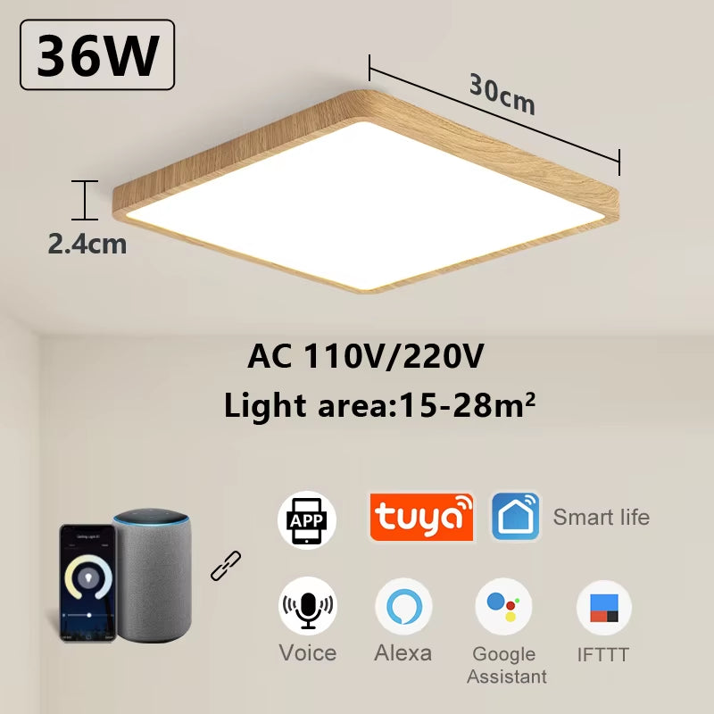 Tuya Smart LED Ceiling Lamp with Wood Grain Finish - App and Voice Control Compatible with Alexa/Google - Square Design for Living Room