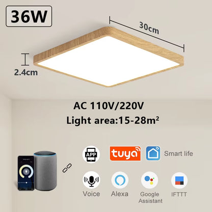 Tuya Smart LED Ceiling Lamp with Wood Grain Finish - App and Voice Control Compatible with Alexa/Google - Square Design for Living Room