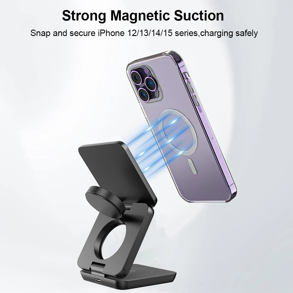 3-in-1 Foldable Magnetic Wireless Charging Station for iPhone 15/14/13/12 Pro Max and Apple Watch Series 8/9