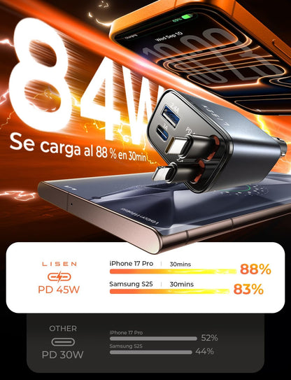 LISEN Retractable Car Charger, 84W Fast Charging Accessory for Campers, PD45W USB-C Lighter Charger for 12/24V Vehicles, Compatible with iPhone 17, 13, Xiaomi, iPad, Tablets, Kindle, and Headphones