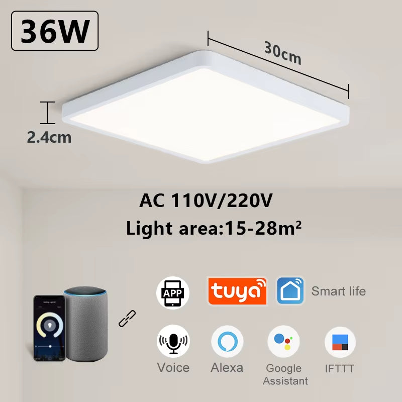 Tuya Smart LED Ceiling Lamp with Wood Grain Finish - App and Voice Control Compatible with Alexa/Google - Square Design for Living Room