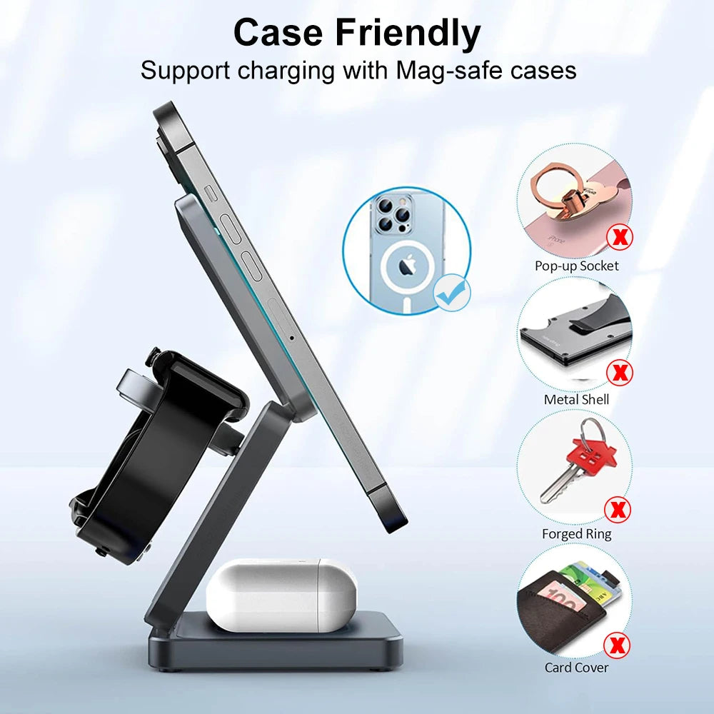 3-in-1 Foldable Magnetic Wireless Charging Station for iPhone 15/14/13/12 Pro Max and Apple Watch Series 8/9