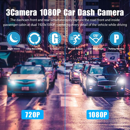 Dash Cam Front and Rear,  3 Channel Dual Dash Camera, 1080P Car Camera DVR Backup Cam, 3 Way Triple Dashboard Driving Recorder, inside IR Night Vision, G-Sensor, Parking Mode