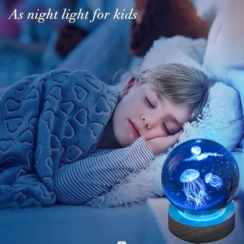 3D Laser Engraved Jellyfish Crystal Ball LED Night Light - Ideal Gift for Birthdays, Christmas, and Special Occasions
