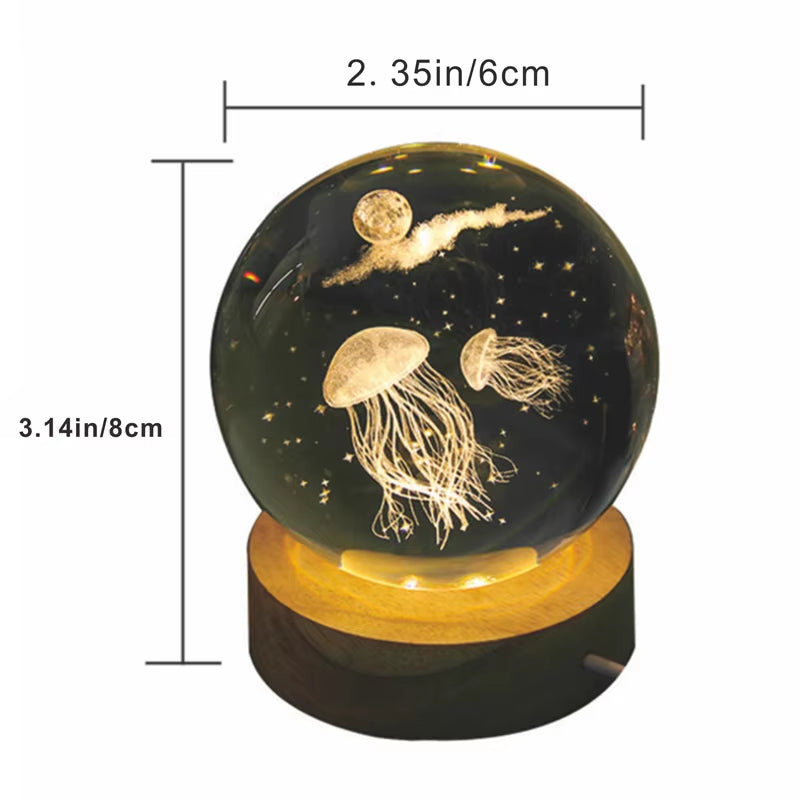 3D Laser Engraved Jellyfish Crystal Ball LED Night Light - Ideal Gift for Birthdays, Christmas, and Special Occasions