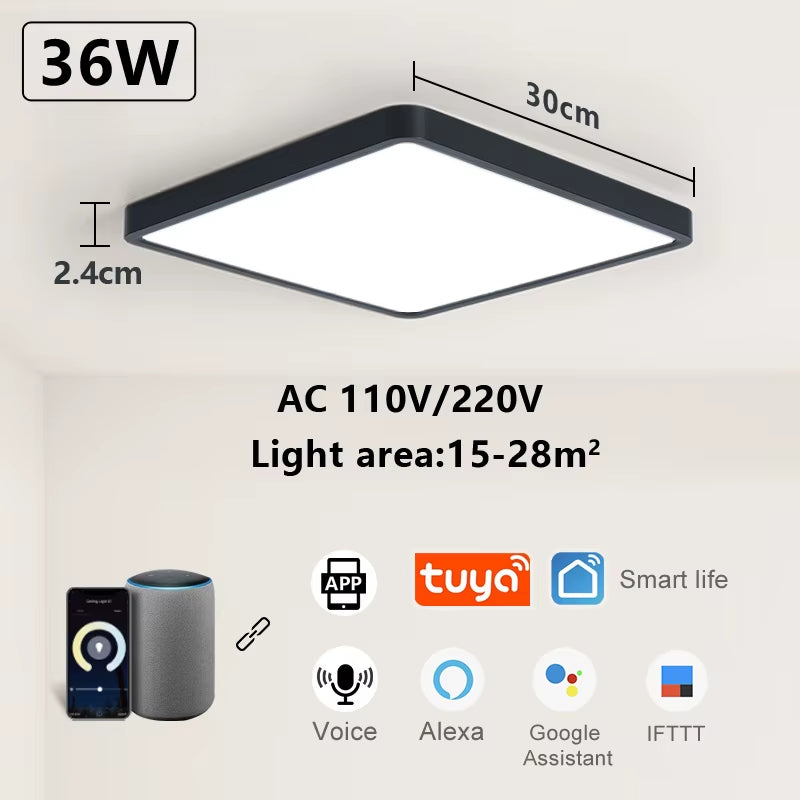 Tuya Smart LED Ceiling Lamp with Wood Grain Finish - App and Voice Control Compatible with Alexa/Google - Square Design for Living Room