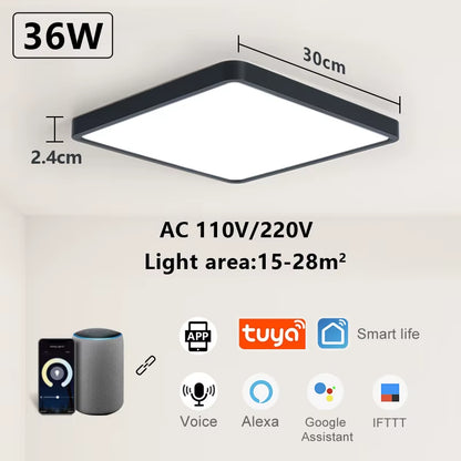 Tuya Smart LED Ceiling Lamp with Wood Grain Finish - App and Voice Control Compatible with Alexa/Google - Square Design for Living Room