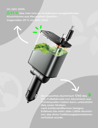 LISEN Retractable Car Charger, 84W Fast Charging Accessory for Campers, PD45W USB-C Lighter Charger for 12/24V Vehicles, Compatible with iPhone 17, 13, Xiaomi, iPad, Tablets, Kindle, and Headphones