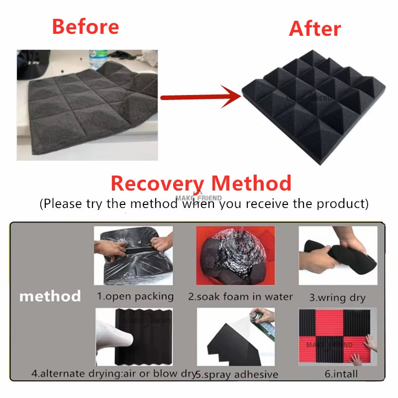 Acoustic Soundproof Foam Pyramid Panels - 12/24 Pieces, 250x250x50mm, 7 Color Options for Sound Absorption Treatment