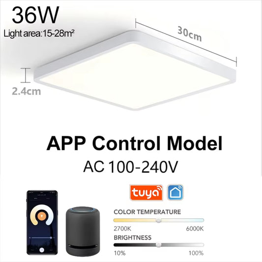 Tuya Smart LED Ceiling Lamp with Wood Grain Finish - App and Voice Control Compatible with Alexa/Google - Square Design for Living Room