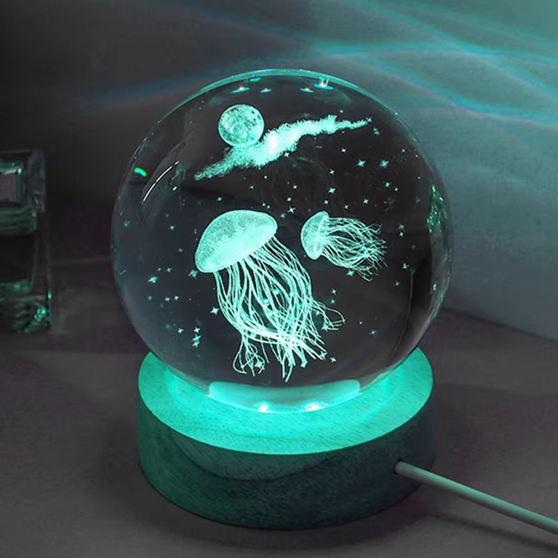 3D Laser Engraved Jellyfish Crystal Ball LED Night Light - Ideal Gift for Birthdays, Christmas, and Special Occasions