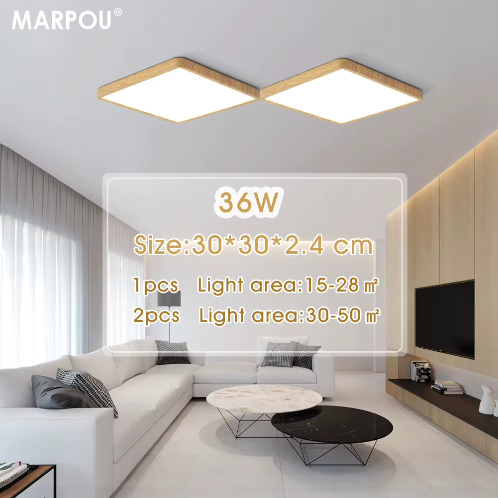 Tuya Smart LED Ceiling Lamp with Wood Grain Finish - App and Voice Control Compatible with Alexa/Google - Square Design for Living Room