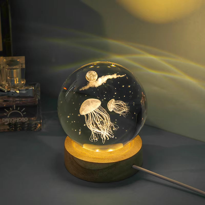 3D Laser Engraved Jellyfish Crystal Ball LED Night Light - Ideal Gift for Birthdays, Christmas, and Special Occasions