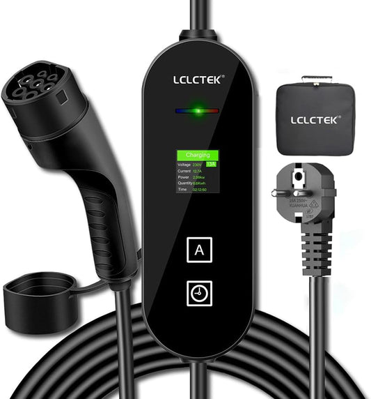 Cargador Coche Eléctrico Portátil [3,68Kw | 8A-16A | 5-Metro],Cable Cargador Coche EV Con Tipo 2 Enchufe Schuko,Antalla Digital Con Función De Temporización,Para EV/PHEV IEC 62196-2 (Negro)
