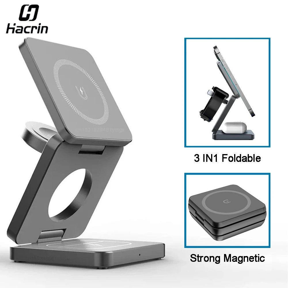 3-in-1 Foldable Magnetic Wireless Charging Station for iPhone 15/14/13/12 Pro Max and Apple Watch Series 8/9