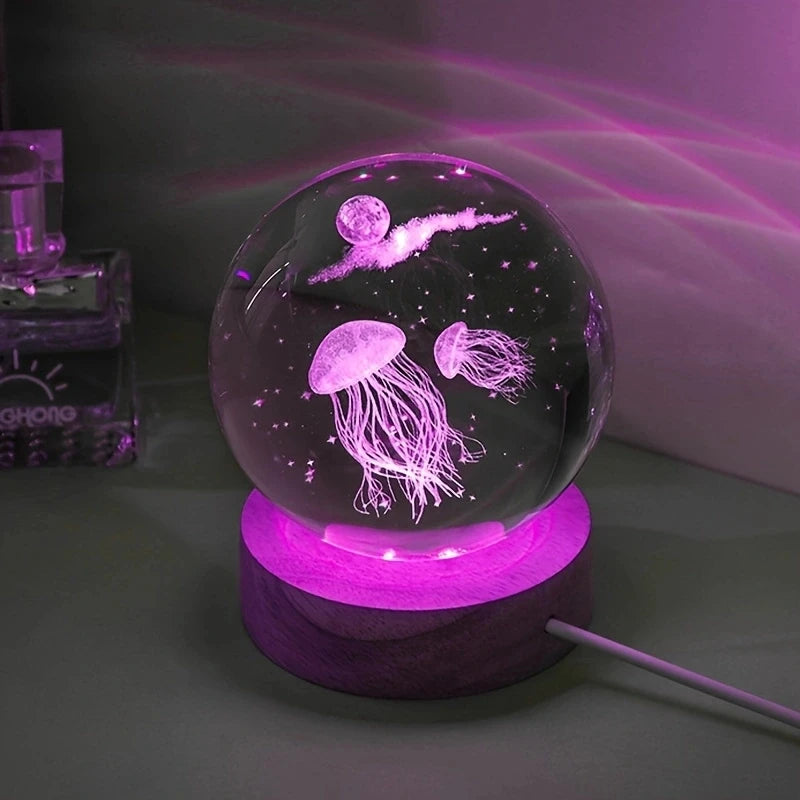 3D Laser Engraved Jellyfish Crystal Ball LED Night Light - Ideal Gift for Birthdays, Christmas, and Special Occasions