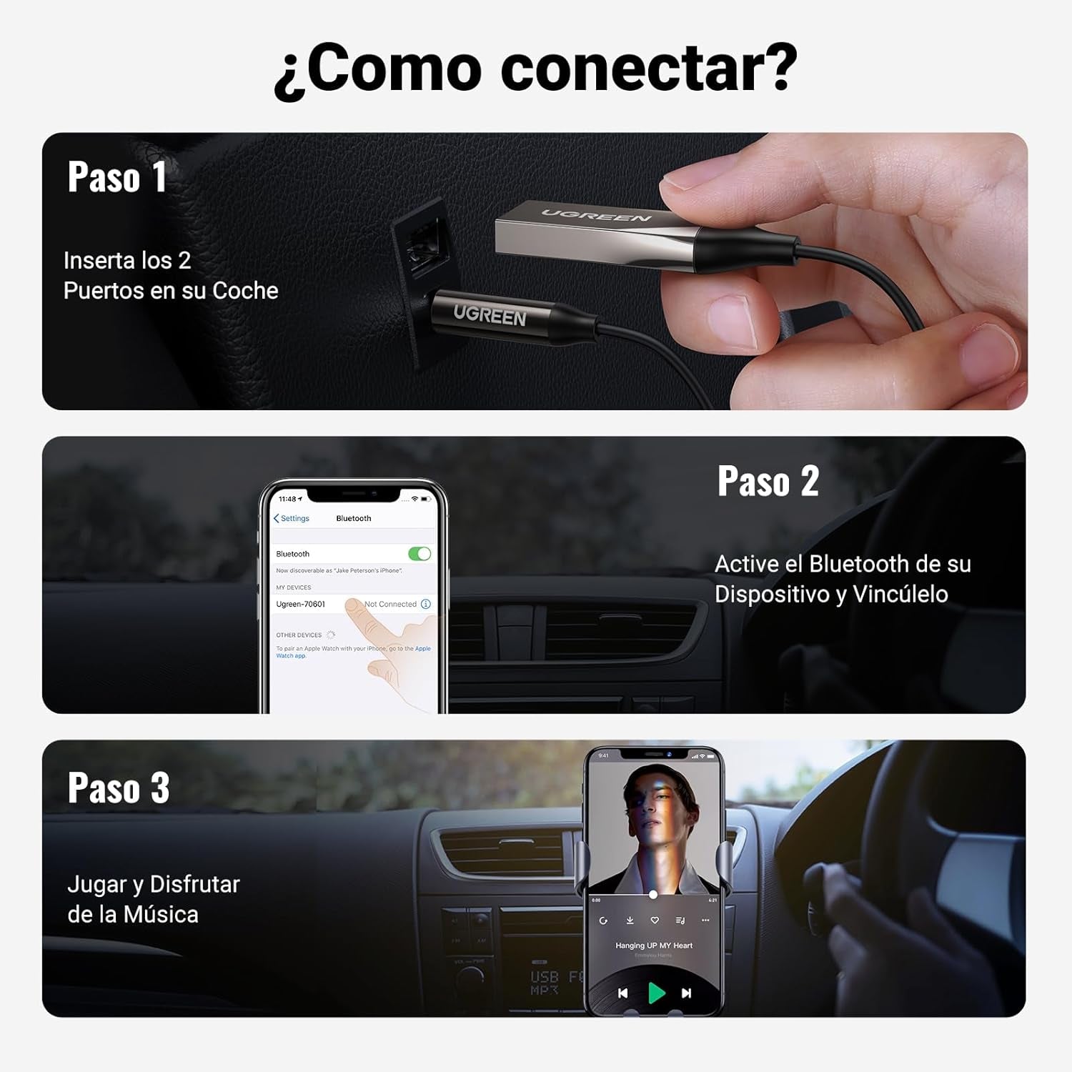 UGREEN Bluetooth 6.0 Receiver Adapter with 3.5mm Aux Connector for Car Hands-Free Audio, Dark Gray