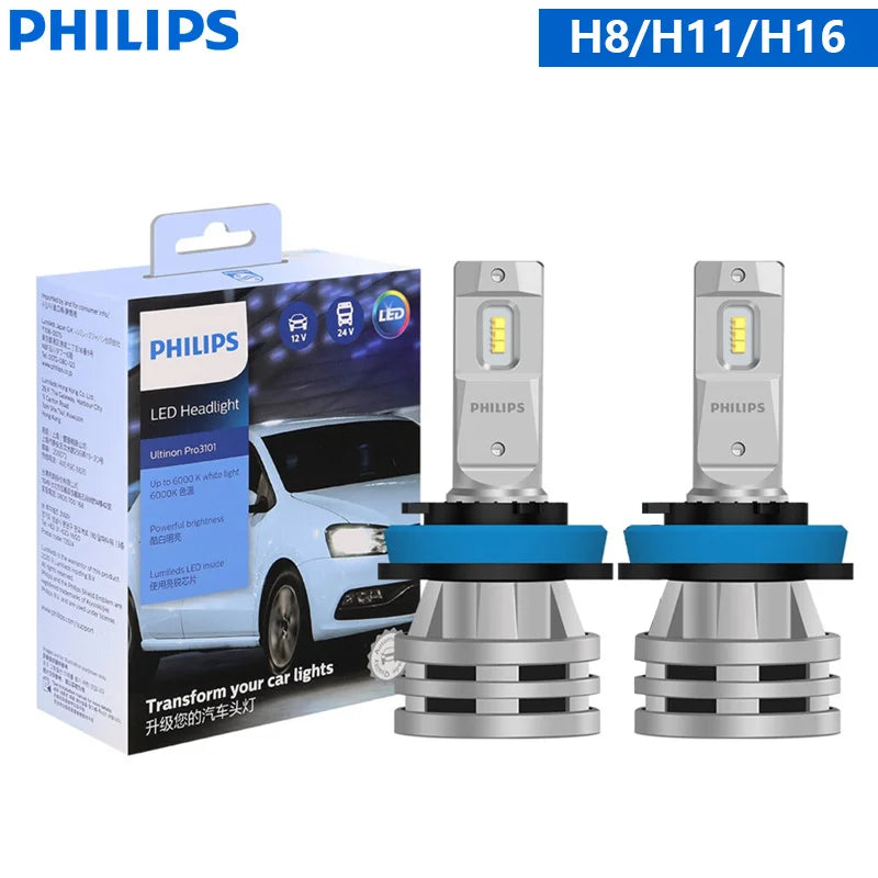 Philips Ultinon Pro3101 LED Headlight Lamps, H1 H3 H4 H7 H11 HB3 9005 HB4 9006 HIR2 9012, 12V/24V, 6000K Bright White, Pack of 2