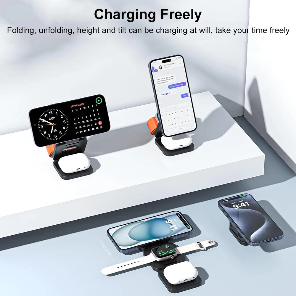 3-in-1 Foldable Magnetic Wireless Charging Station for iPhone 15/14/13/12 Pro Max and Apple Watch Series 8/9