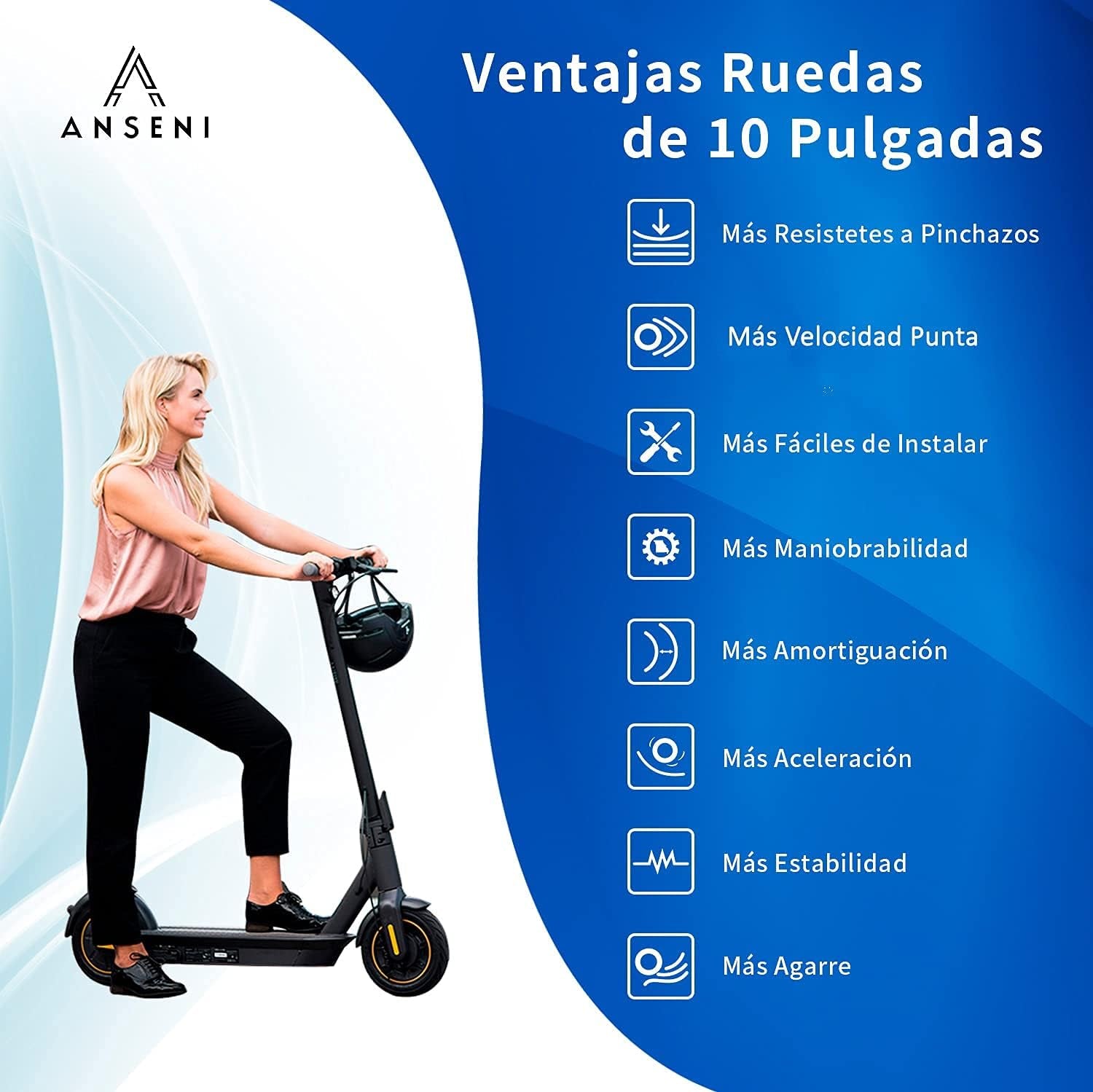 ANSENI® Kit De Ruedas Wanda 10 Pulgadas Compatible Para Xiaomi M365, 1S, Essential,Pro Y Pro2, Reemplazo Para Scooter Eléctrico, Cámara De Aire, Elevaciones Y Adaptador De Válvula (Negro)