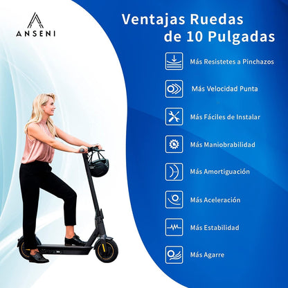ANSENI® Kit De Ruedas Wanda 10 Pulgadas Compatible Para Xiaomi M365, 1S, Essential,Pro Y Pro2, Reemplazo Para Scooter Eléctrico, Cámara De Aire, Elevaciones Y Adaptador De Válvula (Negro)