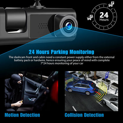 Dash Cam Front and Rear,  3 Channel Dual Dash Camera, 1080P Car Camera DVR Backup Cam, 3 Way Triple Dashboard Driving Recorder, inside IR Night Vision, G-Sensor, Parking Mode