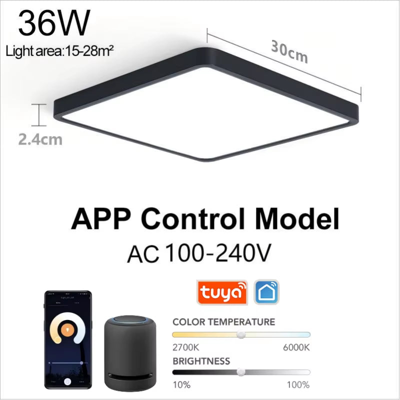 Tuya Smart LED Ceiling Lamp with Wood Grain Finish - App and Voice Control Compatible with Alexa/Google - Square Design for Living Room