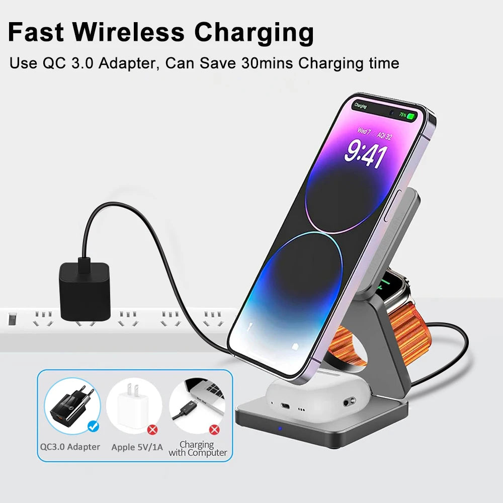 3-in-1 Foldable Magnetic Wireless Charging Station for iPhone 15/14/13/12 Pro Max and Apple Watch Series 8/9