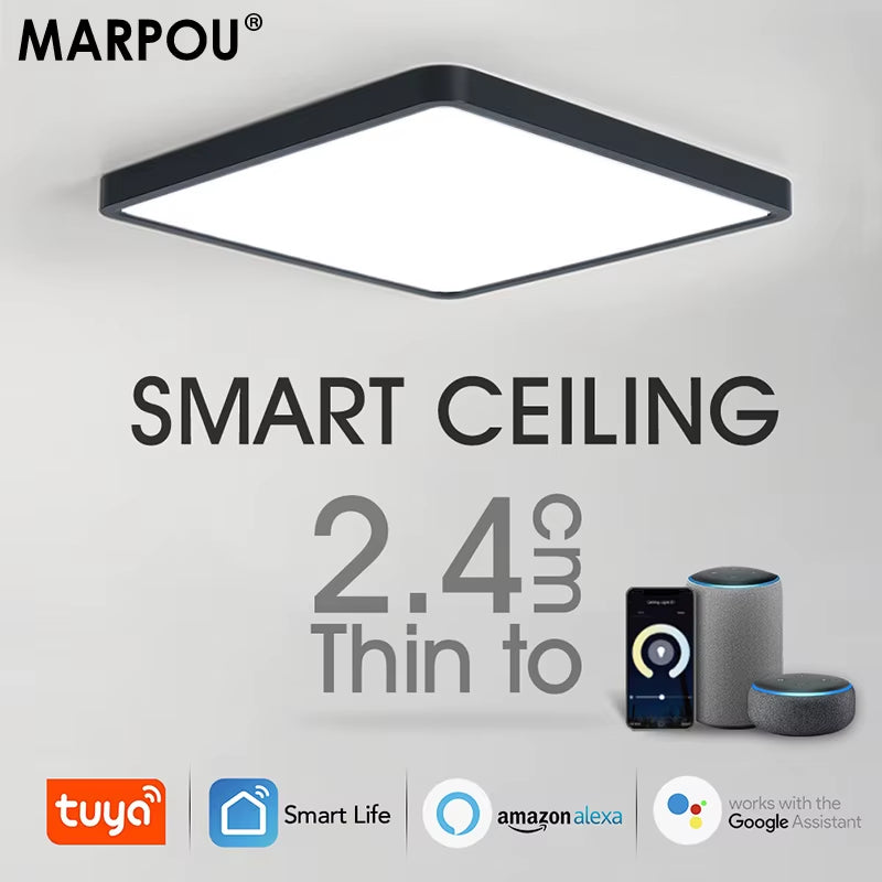 Tuya Smart LED Ceiling Lamp with Wood Grain Finish - App and Voice Control Compatible with Alexa/Google - Square Design for Living Room
