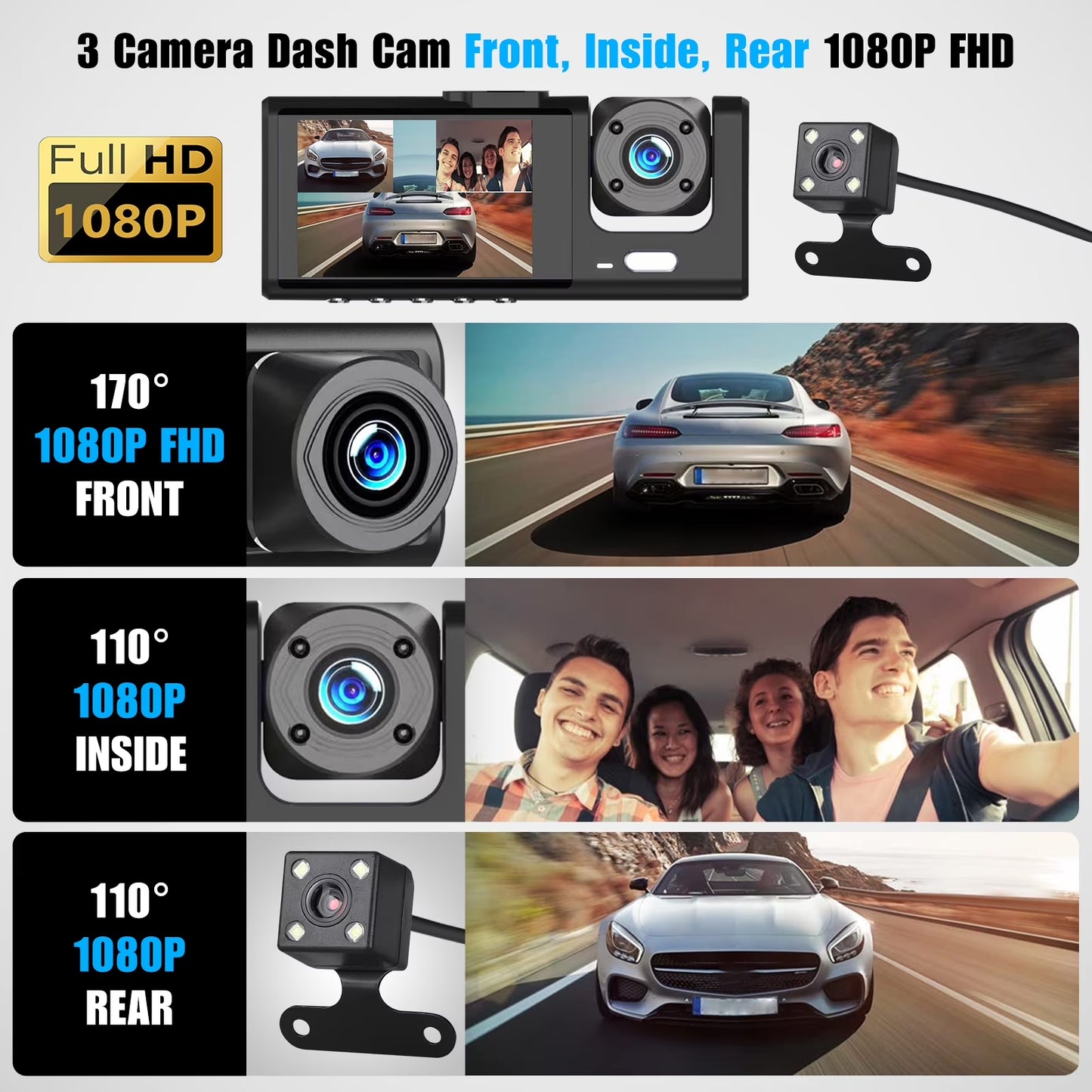 Dash Cam Front and Rear,  3 Channel Dual Dash Camera, 1080P Car Camera DVR Backup Cam, 3 Way Triple Dashboard Driving Recorder, inside IR Night Vision, G-Sensor, Parking Mode