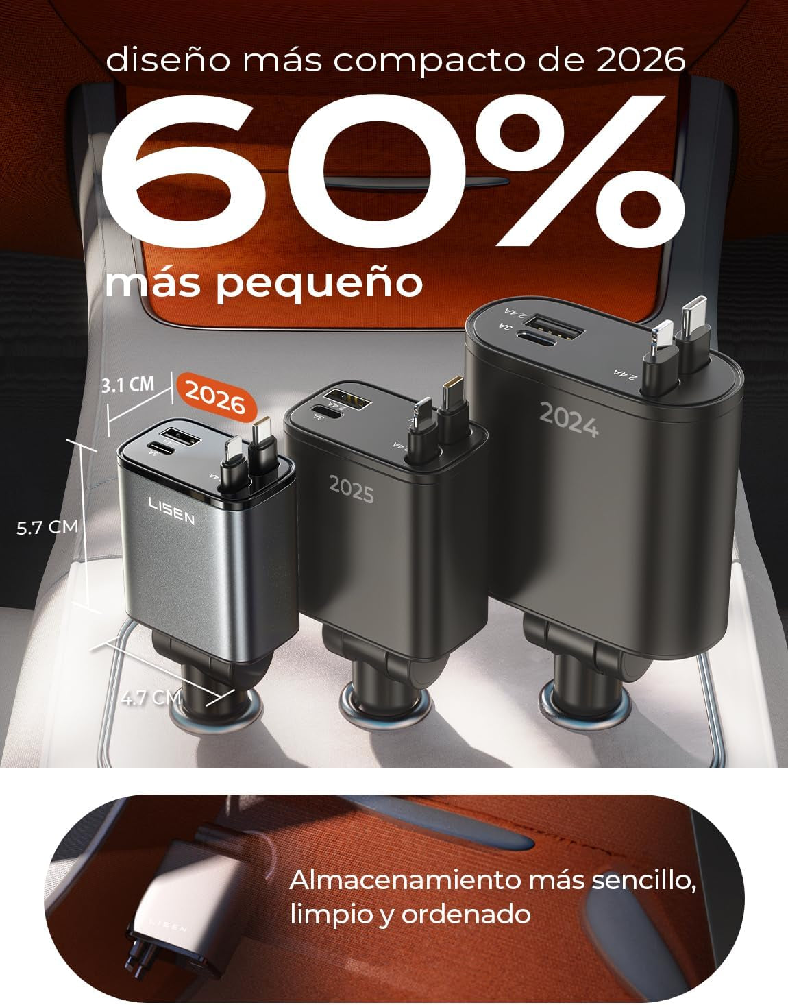 LISEN Retractable Car Charger, 84W Fast Charging Accessory for Campers, PD45W USB-C Lighter Charger for 12/24V Vehicles, Compatible with iPhone 17, 13, Xiaomi, iPad, Tablets, Kindle, and Headphones