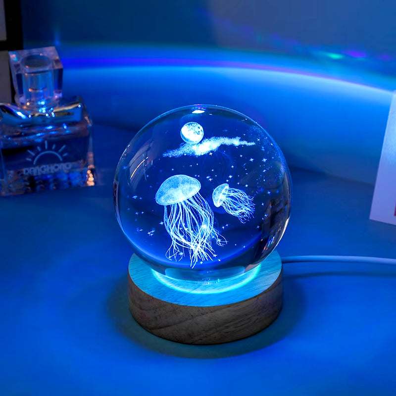 3D Laser Engraved Jellyfish Crystal Ball LED Night Light - Ideal Gift for Birthdays, Christmas, and Special Occasions