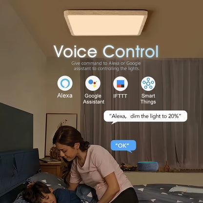 Tuya Smart LED Ceiling Lamp with Wood Grain Finish - App and Voice Control Compatible with Alexa/Google - Square Design for Living Room