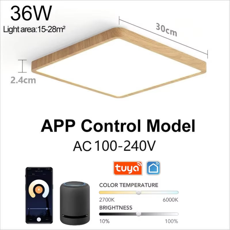 Tuya Smart LED Ceiling Lamp with Wood Grain Finish - App and Voice Control Compatible with Alexa/Google - Square Design for Living Room