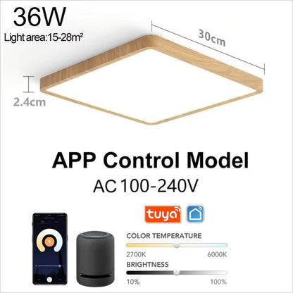 Tuya Smart LED Ceiling Lamp with Wood Grain Finish - App and Voice Control Compatible with Alexa/Google - Square Design for Living Room